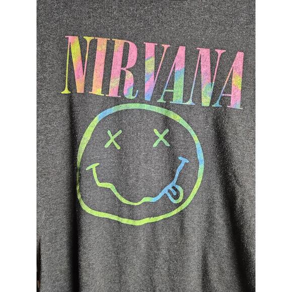 Nirvana Rainbow Smiley Face Graphic Tee Charcoal Gray Band Shirt - Picture 2 of 4